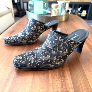 Matisse Black and Gold Tapestry Heeled Mules